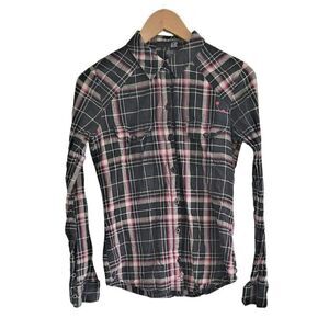 Fox Racing Girls Black Pink Plaid Flannel Button Down Shirt Small S